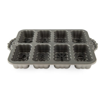 Nordic Ware aluminum holiday mini loaf pan with 8 cavities featuring festive designs, silver nonstick interior