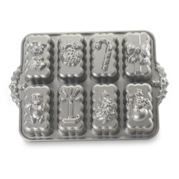 Nordic Ware aluminum mini loaf baking pan with six rectangular cavities, natural silver finish