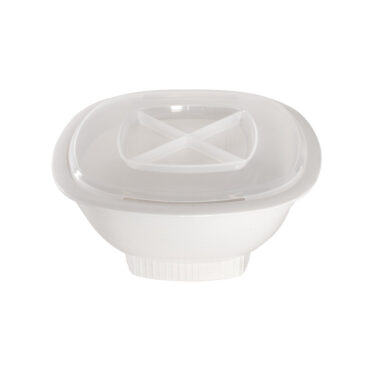 Nordic Ware white microwave popcorn popper bowl with clear vented lid, round plastic design