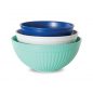 3 piece set microwave and dishwasher safe plastic; 3 bowls - 1-2 qt. 1-3.5 qt.   1-5 qt.; various colors - blue turquoise, mint, white