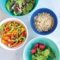 4 bowls each with salad ingredients
