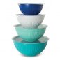8 piece set of microwave and dishwasher safe plastic; 4 bowls - 1-2 qt. 1-3.5 qt. 1-5 qt. 1-7qt. in blue, navy, mint, white: 4 matching lids