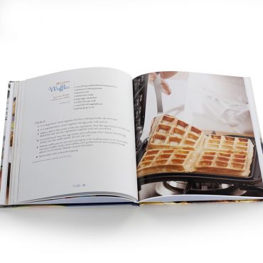 Cookbook open to waffle photo and recipe