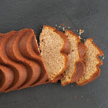 Baked and sliced Salted Caramel Quick Bread in Heritage Loaf design made from mix