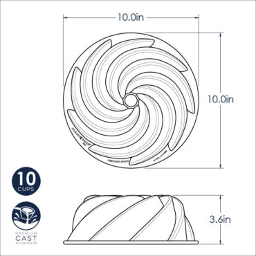 Nordic Ware Heritage bundt pan, aluminum with elegant swirled fluted design, metallic silver finish technical drawing