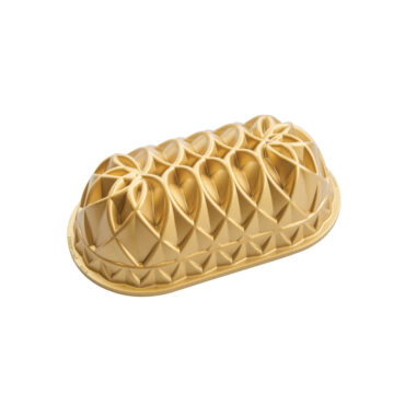 Nordic Ware Jubilee loaf pan, aluminum with gold finish, featuring decorative geometric diamond pattern design