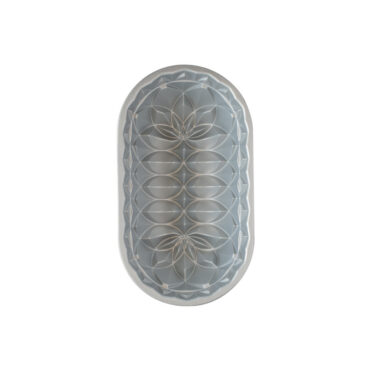 Nordic Ware aluminum Jubilee loaf pan interior showing decorative geometric and floral pattern, silver finish