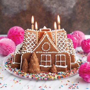 Birthday celebration cake of Gingerbread House Bundt® Pan