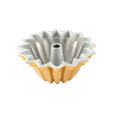 Nordic Ware Lotus bundt pan with fluted petal design, silver nonstick interior and gold exterior