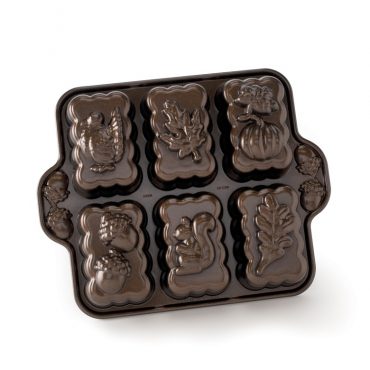 Harvest Mini Loaf Pan, with 6 different loaf designs including acorns, turkey, pumpkin, leaves, and squirrel
