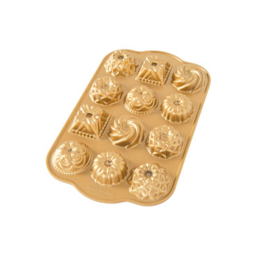 Nordic Ware gold aluminum bundt charms pan with 12 mini decorative cavities in assorted intricate designs