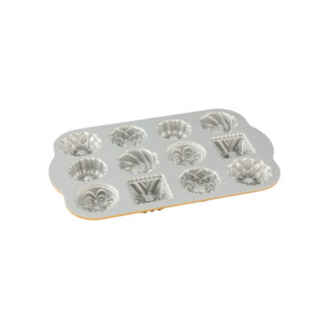 Nordic Ware Bundt Charms aluminum baking pan with 12 mini cavities in assorted fluted designs, silver nonstick