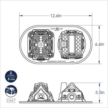 Nordic Ware aluminum gingerbread house duet baking pan showing dimensional measurements and dual house-shaped cavities
