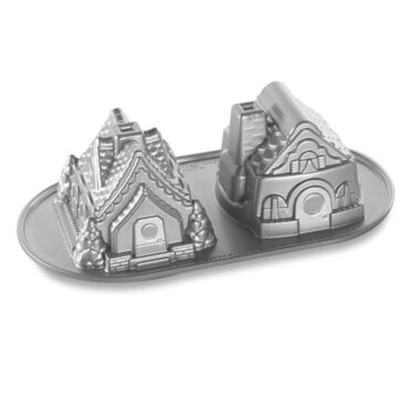 Nordic Ware aluminum gingerbread house duet baking pan with detailed house-shaped cavities, natural silver finish