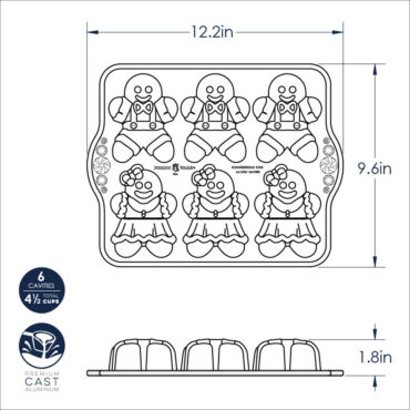 Nordic Ware aluminum gingerbread kids cakelet pan with six child-shaped cavities, natural silver finish