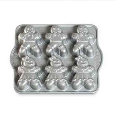 Nordic Ware aluminum gingerbread kids cakelet pan with six child-shaped cavities, natural silver finish