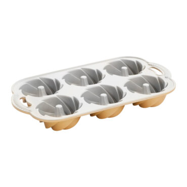 Nordic Ware Heritage Bundtlette pan with 6 fluted aluminum cavities, gold exterior and silver nonstick interior