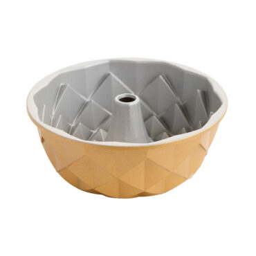 Nordic Ware Jubilee bundt pan interior showing geometric aluminum design with central tube and gold exterior