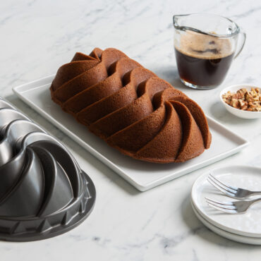 loaf cake baked with Nordic Ware Heritage aluminum loaf pan with decorative twisted spiral design, dark nonstick finish
