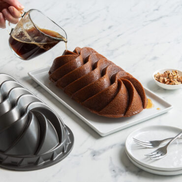 loaf cake baked with Nordic Ware Heritage aluminum loaf pan with decorative twisted spiral design, dark nonstick finish