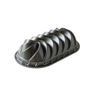 Nordic Ware Heritage aluminum loaf pan with decorative twisted spiral design, dark nonstick finish
