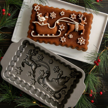 Santa's Sleigh Loaf Pan, silver nonstick interior with baked loaf