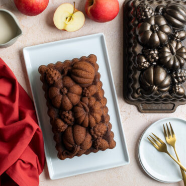 Plated Harvest Bounty loaf with apples and pan