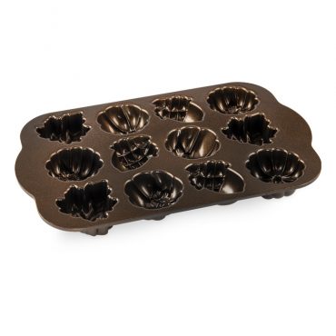 Autumn Delights Cakelet Pan, 12 cavities - 3 leaves, 3 acorns, 6 pumpkins; bronze nonstick interior