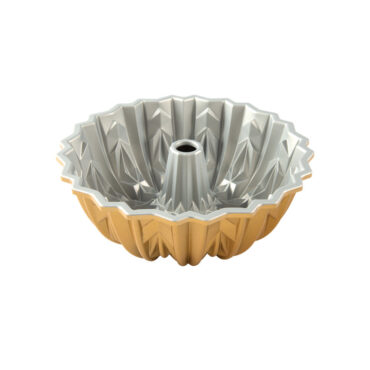 Nordic Ware Cut Crystal bundt pan with intricate geometric faceted design, silver nonstick interior