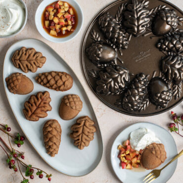 Nordic Ware cast aluminum cakelet, bronze finish and plate of mini cakes