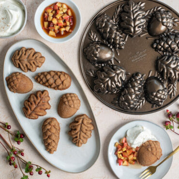 Nordic Ware cast aluminum cakelet, bronze finish and plate of mini cakes