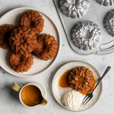 mini wreath cakes from Nordic Ware Wreathlettes pan plated with scoop of ice cream and caramel