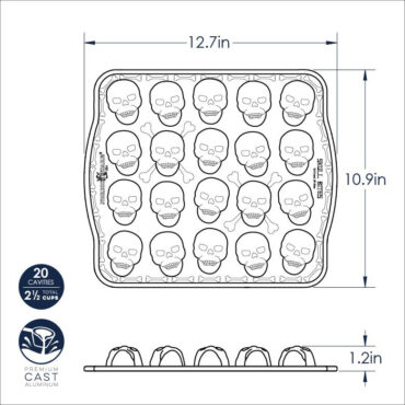 Nordic Ware aluminum skull-shaped cakelet pan with 20 small skull cavities, silver finish