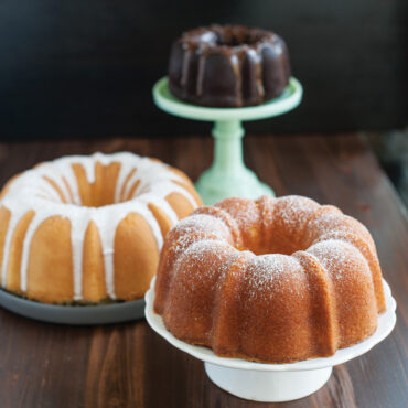 Nordic Ware bundt cakes, powdered surgar dusted on cake.