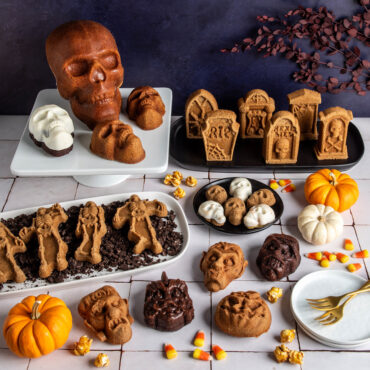 Halloween group with Haunted Skull Cake, Cakelets & Bites, Skeleton cakes, Tombstone cakes, Monster Mask Cakes