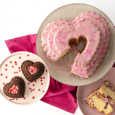 Tiered Heart Cakelets on plate with a Tiered Heart Bundt cake on cake platter, Valentine's scene