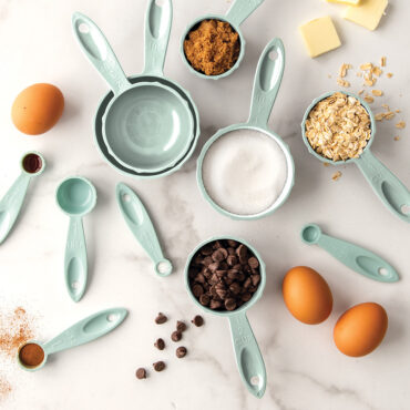 Overhead group image of spoons and cups with ingredients