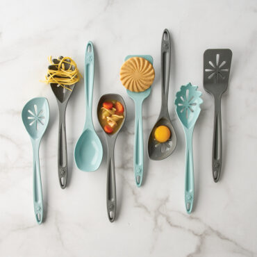 Utensils in sea glass and storm gray color with food