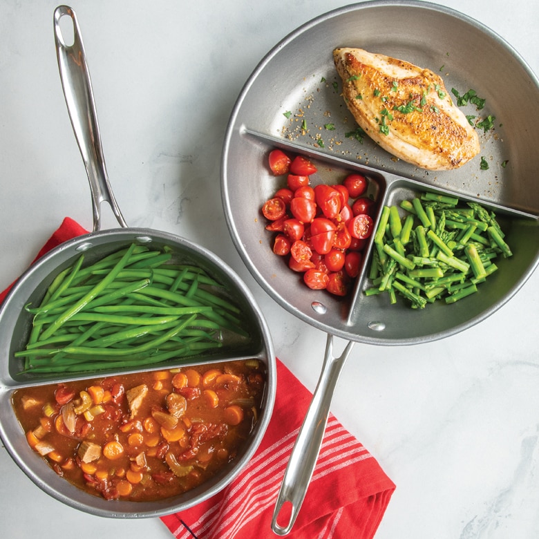 Cooked food in 2-in-1 divided sauce pan and 3-in-1 divided saute pan, collection image