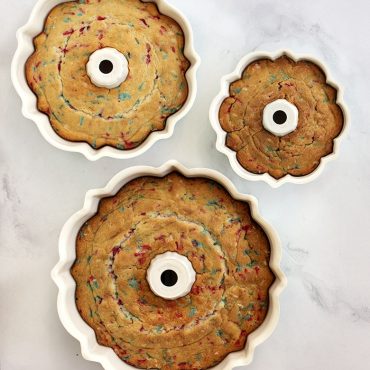 Confetti Bundt cakes baked in all 3 sizes, cakes in pans