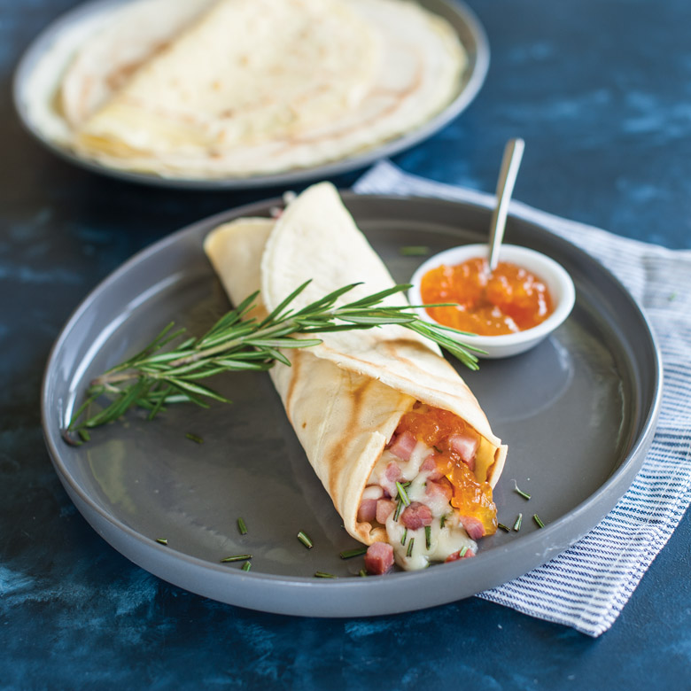 Savory Ham and Cheese Crepes with Apricot Jam