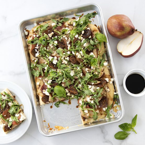 Prosciutto, Pear and Fig Sheet Pan Pizza with Goat cheese