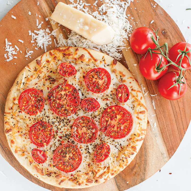 Gluten Free Tomato and Smoked Provolone Pizza