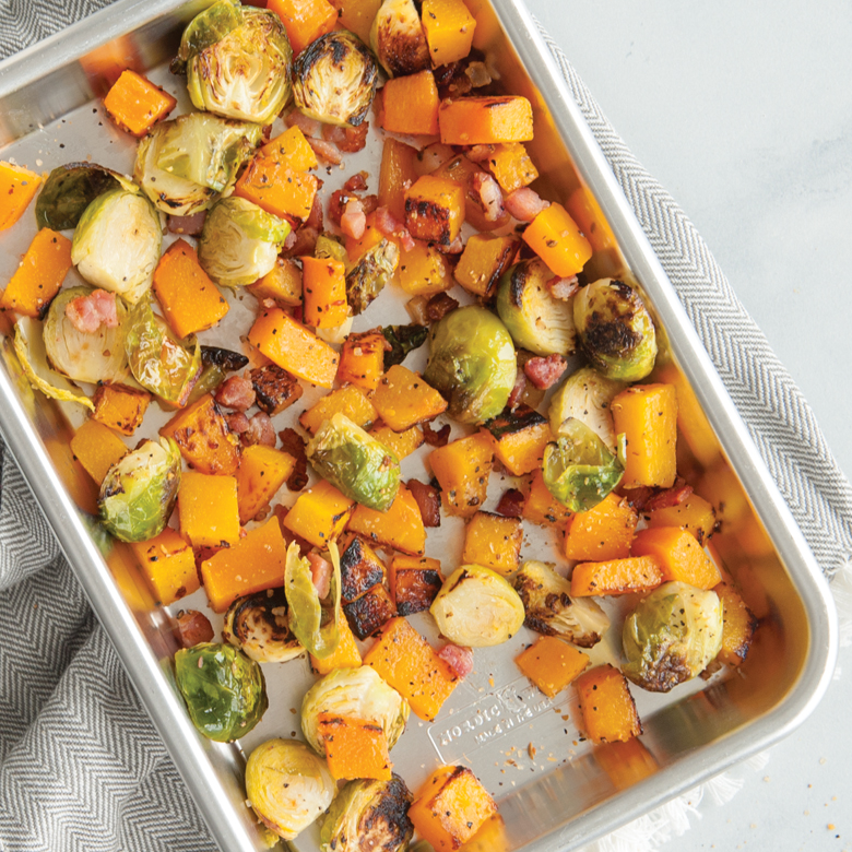 Spicy Maple Roasted Brussels Sprouts and Butternut Squash with Bacon