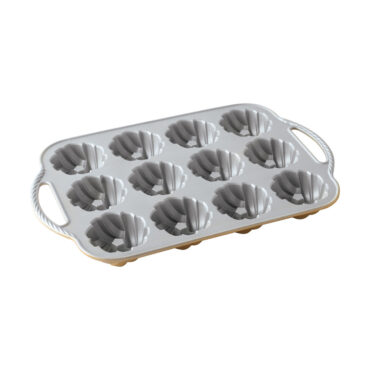 Nordic Ware aluminum mini bundt pan interior showing six braided-pattern cavities, natural silver finish