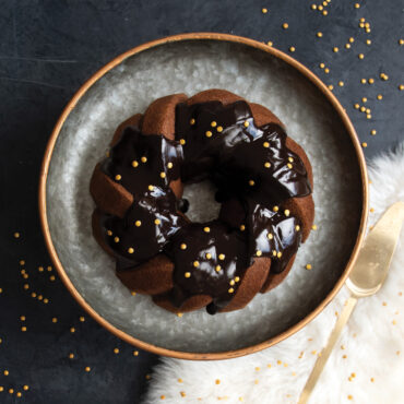chocolate glazed bundt with sprinkles baked with nordic ware braided bundt pan with braided rope design