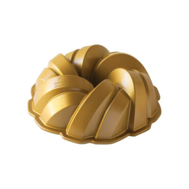 Nordic Ware 75th Anniversary aluminum bundt pan with intricate braided rope design, silver finish
