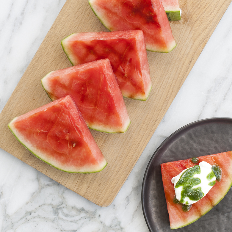 Grilled Watermelon with Sweet Basil Coulis