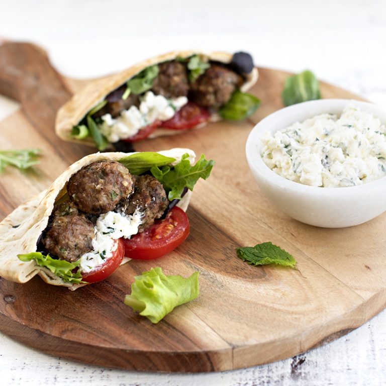 Greek Meatball Pita Pockets with Herb Feta Spread Nordic Ware