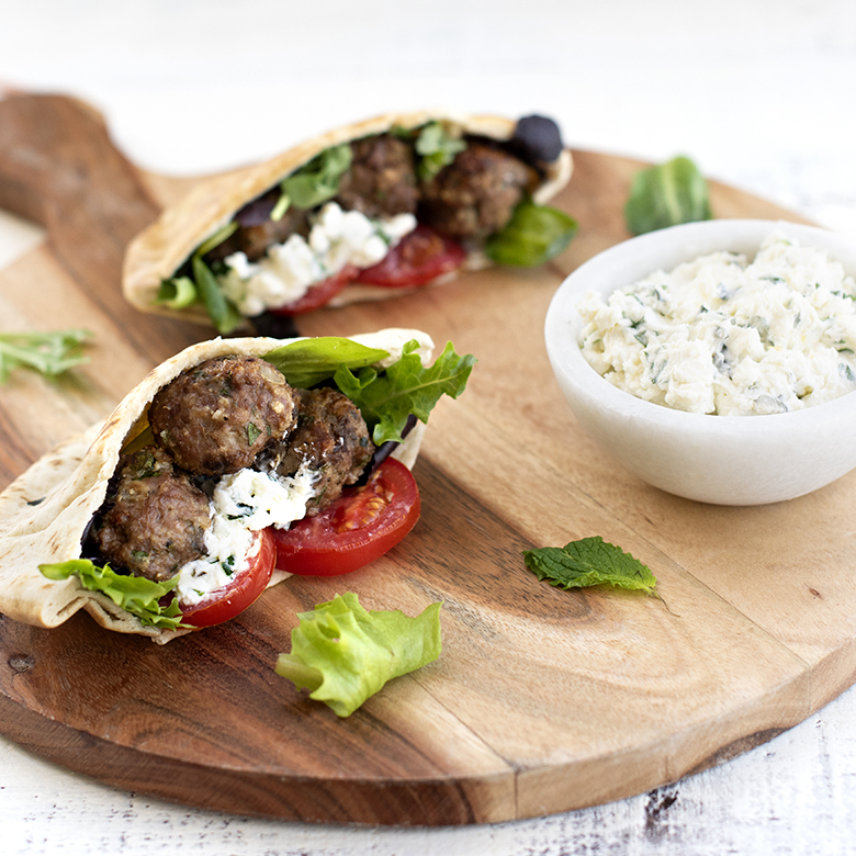 Greek Meatball Pita Pockets with Herb Feta Spread